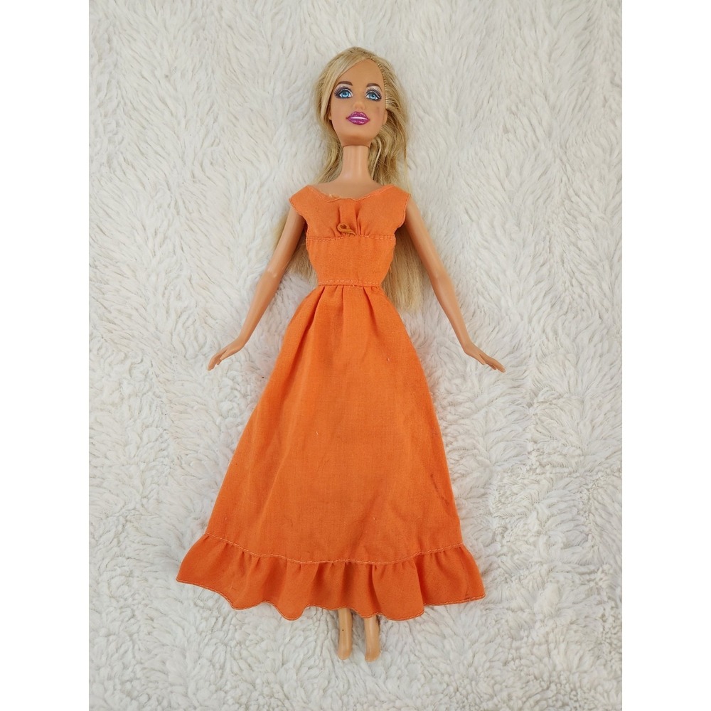 VTG 2005 Mattel Barbie Doll Blonde Hair Blue Eyes Orange Maxi Dress Ruffle Hem